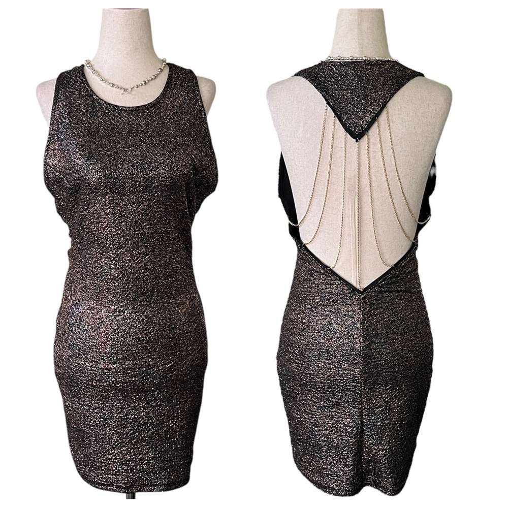 La Mode Black & Red Glittery Bodycon Dress with draping Chain Back